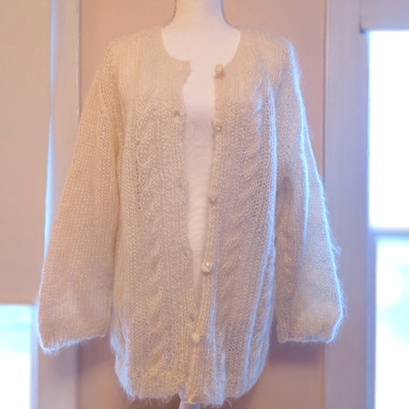 Sweaters - Handmade mohair wool cream white cable knit sweater button-up light warm Lg/XLG